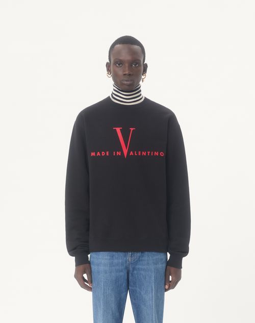 Valentino - Valentino Cotton Crewneck Sweatshirt With Made In Valentino Print - Black/red - Man - T-shirts And Sweatshirts